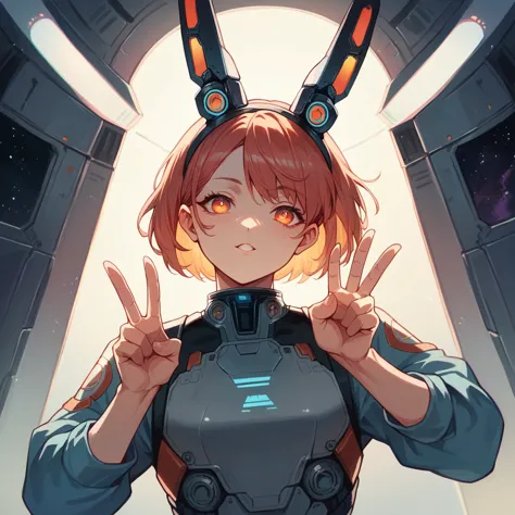 1girl, expressive eyes, short hair, dressed with futuristic suit, robotic rabbit ears ,v pose ,space in background, detail richn...