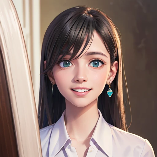 (high level image quality、High detail、high quality、High resolution、Dibuja todo en High resolution.)、intense crystal clear dark green eyes、Very pretty small diamond-shaped earrings.、Look firmly at the camera.、Take out your ears、Delete both ears、Pretty hair、Beautiful beautiful hair with bangs.、beautiful neckline、Beautiful 28 years old、mirror、long neck、happy smile、Beautiful dental alignment、Embellishment、pretty Woman、White business shirt with open collar、Smile at your audience、beautiful teeth、Beautiful dental alignment、very small face、Tall supermodel、