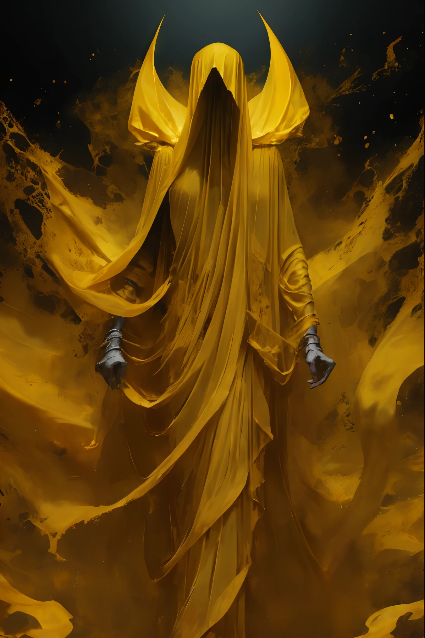 a demon, pale yellow skin, gaunt, very slender/lanky, crown of horns protruding from scalp, mischievous, large boney feet, long boney fingers, wearing vibrant yellow shawl, tattered yellow poncho, aged yellow cloth wrapped around torso and pelvis, very boney physique, nimble, yellow cowl over head, bright yellow veil covering face, very thick veil, veil covering eyes and mouth, veil obscuring face completely, no visible face, trickster, mischievous body language, skeletal body, dry gaunt flesh, crouching stance, crouching, bent legs, bending toes, arms splayed out to the sides, trickster god