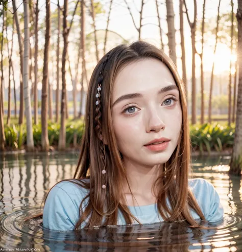 close up portrait of a cute woman (gldot) bathing in a river, reeds, (backlighting), realistic, masterpiece, highest quality, le...