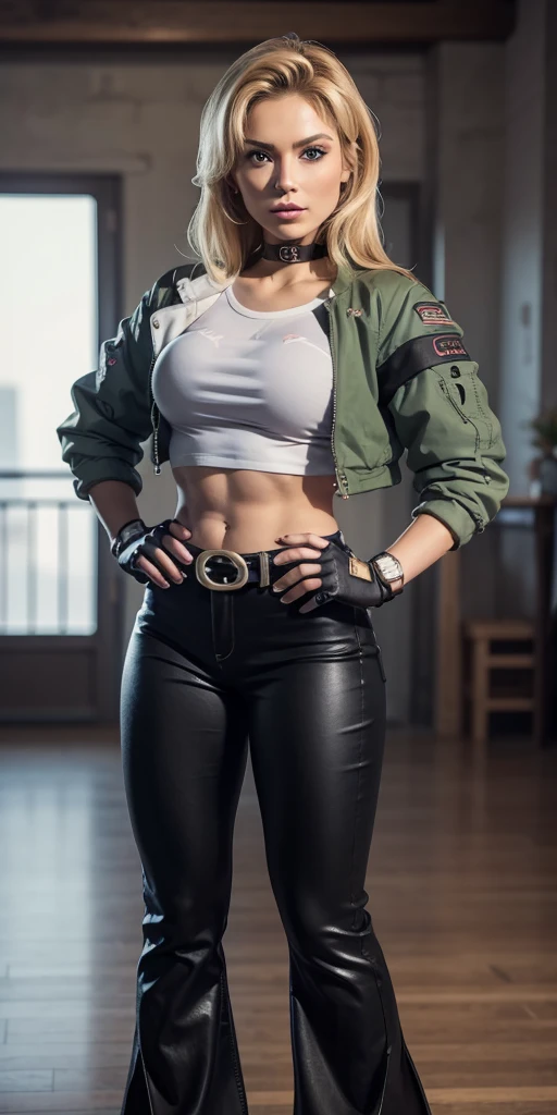 8k, masterpiece, best quality, ultra-detailed, sonyablade, 1girl, solo, long hair, blonde hair, cute blue eyes, breasts, choker, crop top, cropped green jacket, black fingerless gloves, full body, hand on hip, highleg panties, jacket, combat boots, lipstick, makeup, (abs:0.3), midriff, navel, black pants (Wide flares on pants:1.2),
