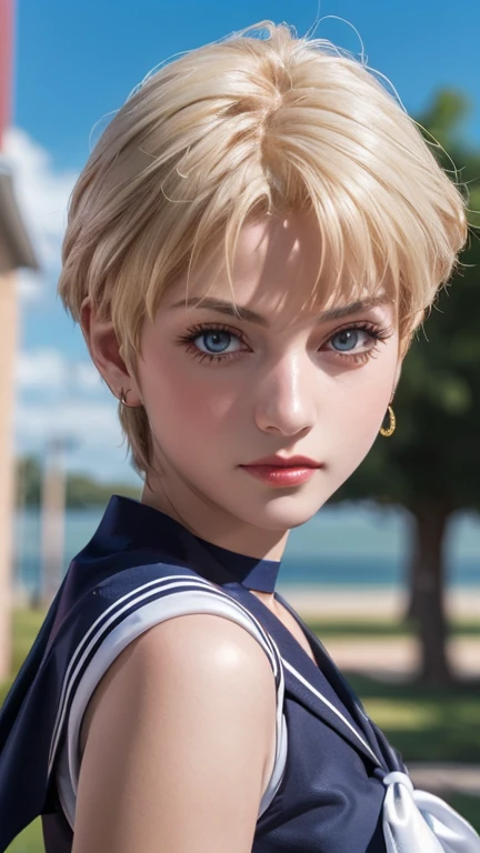  beautiful girls, blonde girls,　esolution,Sharp focus、(Super detailed,Very detailed)、(Photorealistic artwork:1.37)、(Very detailed CG unity 8k wallpaper)、(((Vibrant colors,Vibrant Themes)))、(Complex)、(masterpiece)、(Highest quality)、Artistic photography、(Photography by sldr)、(Complex background)、perfectly rendered face、Perfect facial details、Realistic Face、((Complex detail)),(((realism))),, (Costume of Sailor Uranus: 1.2)、Sailor Uranus、Sailor Moon、choker、Watching the audience、Stick your butt out, 