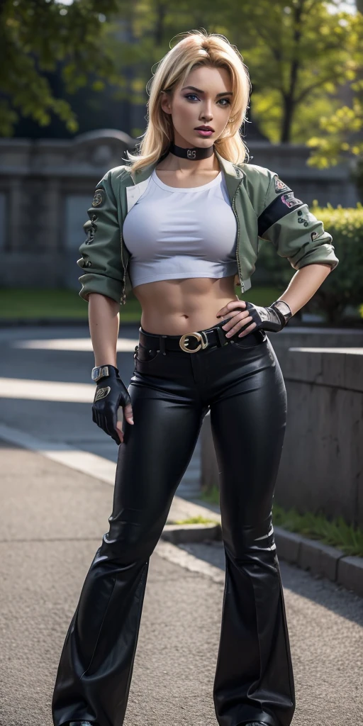 8k, masterpiece, best quality, ultra-detailed, sonyablade, 1girl, solo, long hair, blonde hair, cute blue eyes, breasts, choker, crop top, cropped green jacket, black fingerless gloves, full body, hand on hip, highleg panties, jacket, combat boots, lipstick, makeup, (abs:0.3), midriff, navel, black pants (Wide flares on pants:1.2),
