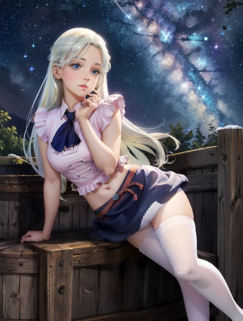 a beautiful girl, looking at a starry sky, in a miniskirt and white stockings.