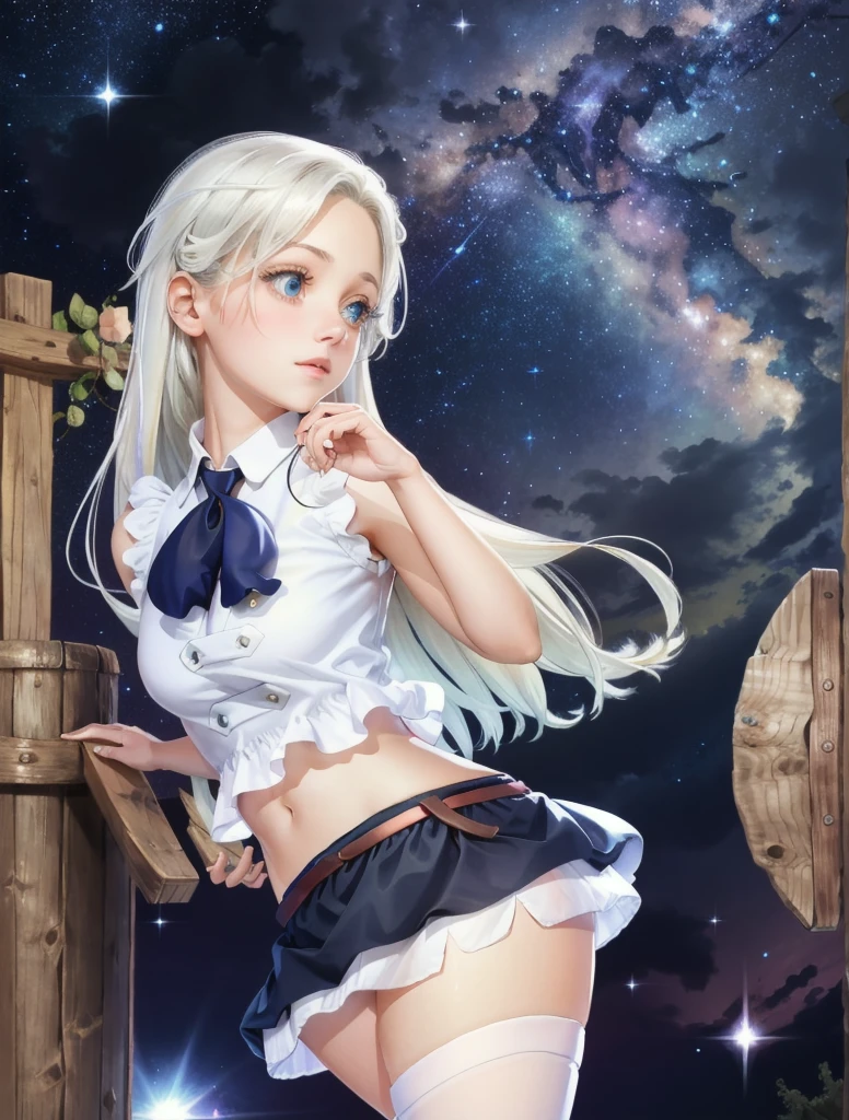 a beautiful girl, looking at a starry sky, in a miniskirt and white stockings.