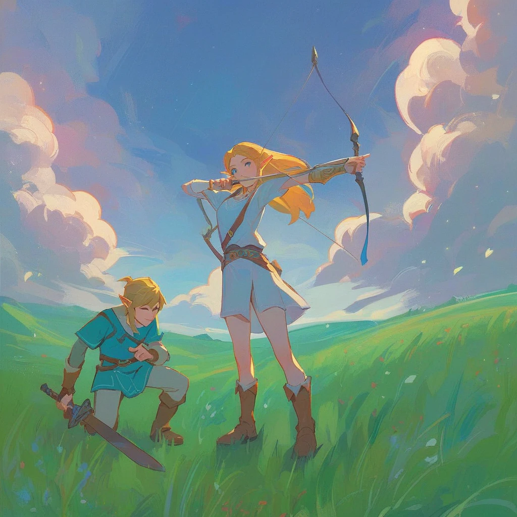 link blue outfit crouching, holding sword, zelda white dress standing, stretching bow, hyrule grass field, clouds