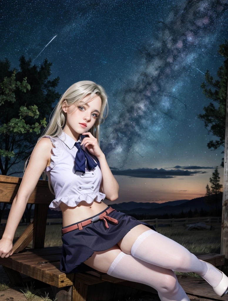 a beautiful girl, looking at a starry sky, in a miniskirt and white stockings.