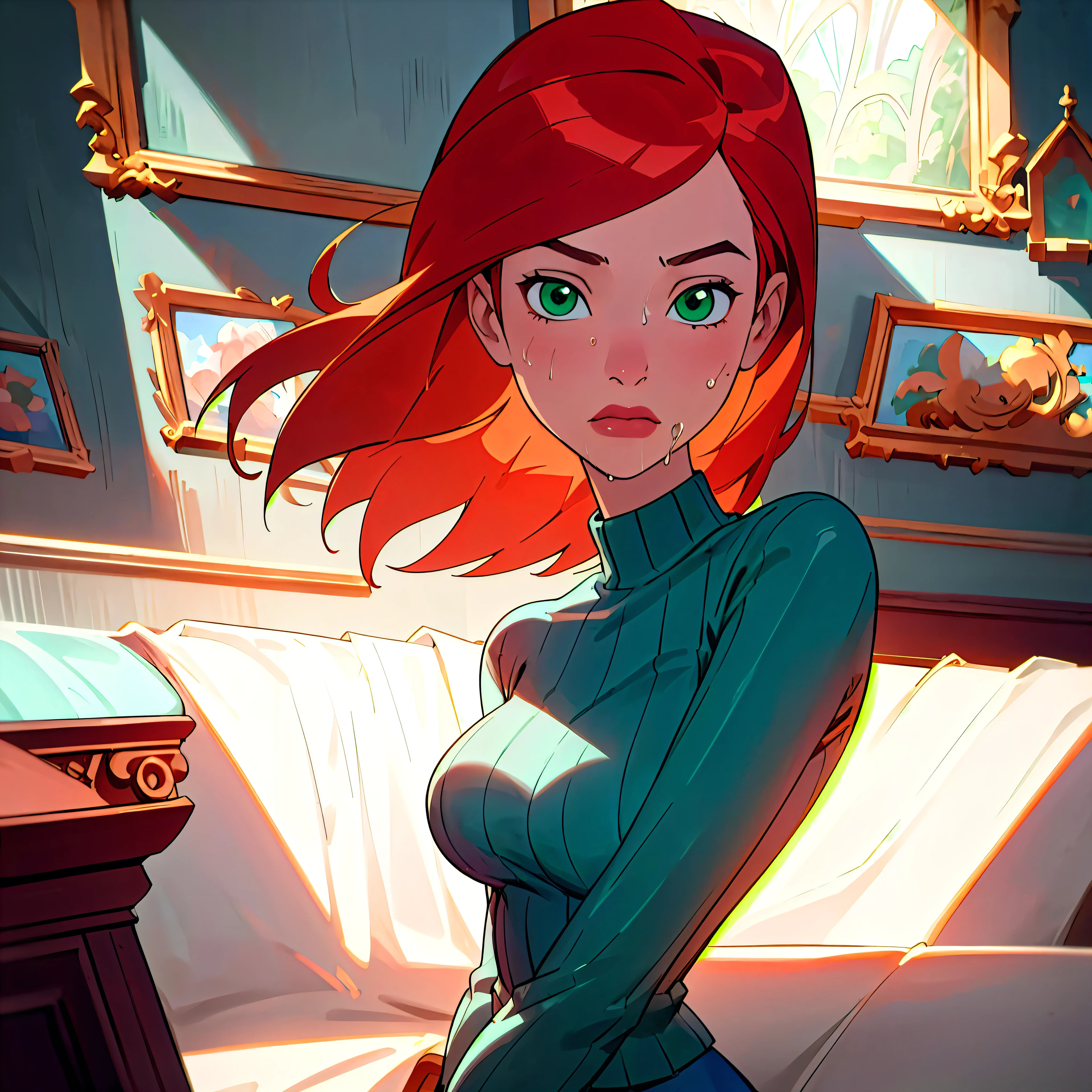 gwentennyson, (8k, RAW photo, best quality, masterpiece:1.2), (intricate details), perfect eyes, perfect face, perfect lighting, beautiful, (masterpiece:1.2), (best quality:1.2), 1 girl, cartoon style, solo, redhead, green eyes, blue sweater, gray skirt, large breasts, straight body, close angle in her face, beautiful face, insanely detailed, 4k, one girl, realistic drool, living room, 