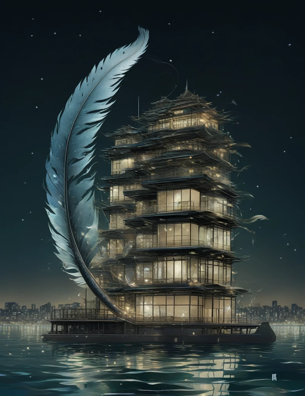 night,building,Sea都市,Little snake,Transparent feathers,Iridescent Feathers,dark,Sea