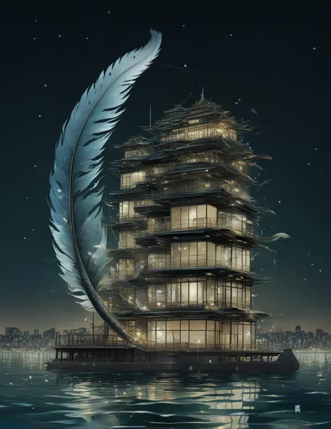 night,building,sea都市,little snake,transparent feathers,iridescent feathers,dark,sea