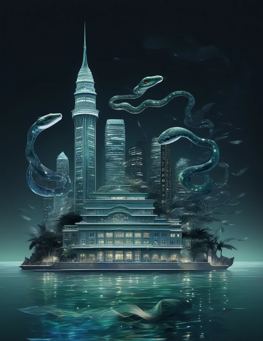 night,building,Sea都市,Little snake,Transparent feathers,Iridescent Feathers,dark,Sea