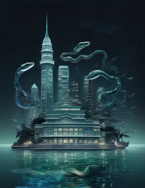 night,building,sea都市,little snake,transparent feathers,iridescent feathers,dark,sea