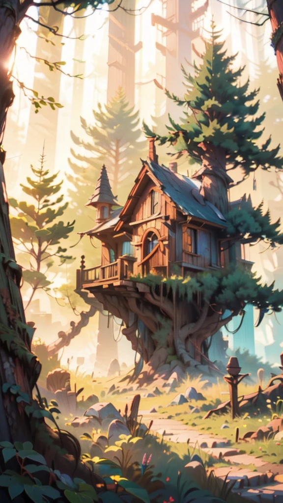 Landscape of a beautiful three-level fantasy tree house, highy detailed, Clear photography, photorrealistic, soft pastel colors, highy detailed, intrikate, path tracing, illustration, insanely detaileda, volumetric shadow mapping light, specular lighting