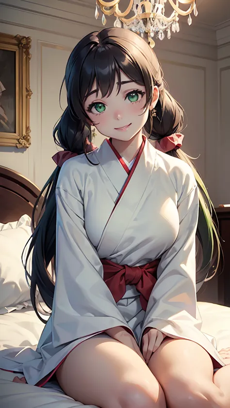 nozomi toujou, (green eyes:1.5), purple hair, twintails, low twintails, scrunchie, long hair,hakama, hakama skirt, japanese clot...