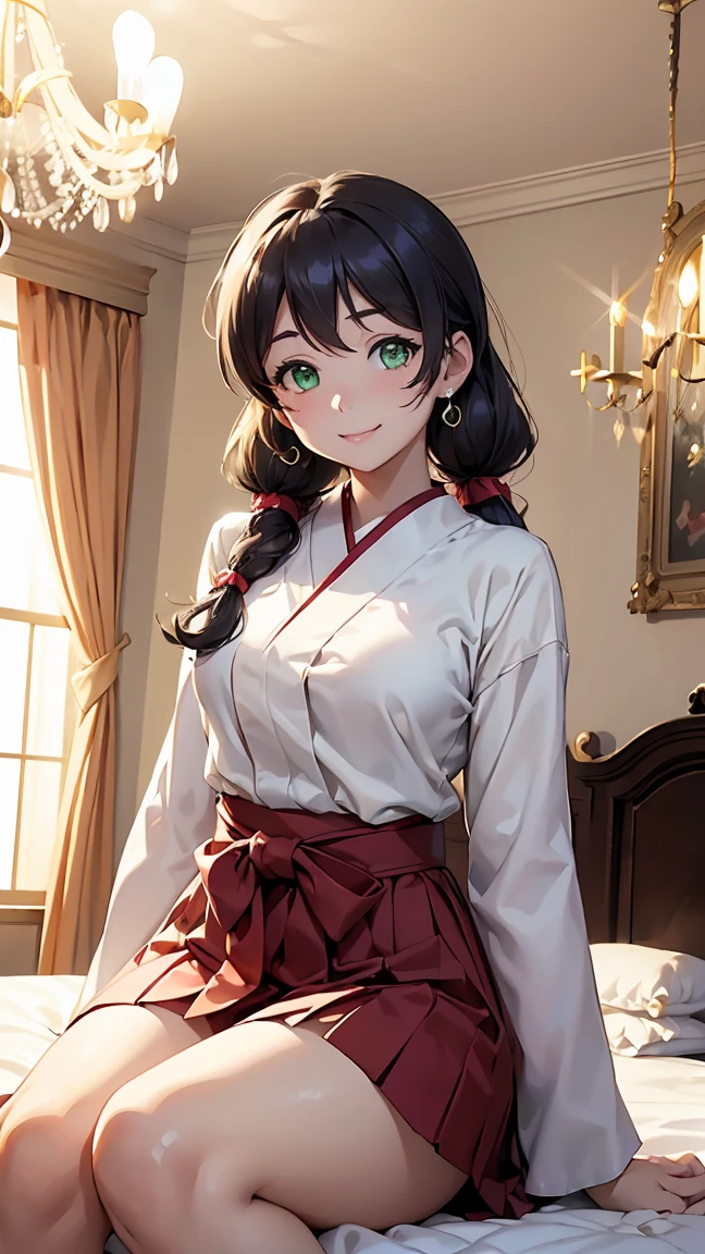 nozomi toujou, (green eyes:1.5), purple hair, twintails, low twintails, scrunchie, long hair,hakama, hakama skirt, japanese clothes, miko, red hakama, long sleeves,---(8K, raw, highest quality, real 1.2), ultra high quality, high resolution, highest quality, perfect face, perfect limbs, perfect fingers, high resolution, (beautiful anime face, cute face, detailed face), smile of joy, smiling expression, sitting on bed, cowboy shot, miniature human hand, (((medium bust 1.3))), (((thin thighs 1.3))), ((white walls bedroom 1.5)), ((white framed bed 1.5)), ((white ceiling bedroom 1.5)), ((divine light 1.5)), pure white chalk interior, pure white marble interior, ((Pure white bedroom like a Western castle: 1.5)), ((Luxurious pure white canopy bed: 1.4)), ((Chandelier: 1.4))), ((Pure white bed 1.5)), ((Beautifully decorated bedroom 1.5)), perfect anatomy, perfect proportions, nice lighting, bright colors, clean lines, information, blurred, stunning facial expression, restless emotions, gorgeous and cute, beautiful face and eyes in every detail, (masterpiece) beautiful face, young and handsome girl, really perfect skin, blurred, stunning facial expression, restless emotions, gorgeous and cute, beautiful face and eyes in every detail, (Audrey Hepburn), (cute), (J-POP idol), (thighs, (depth of field), (depth of field), soft light, glittering lens gaze, (droopy eyes), straight teeth, shy smile, flowing hair, a scene from Blake's movie,