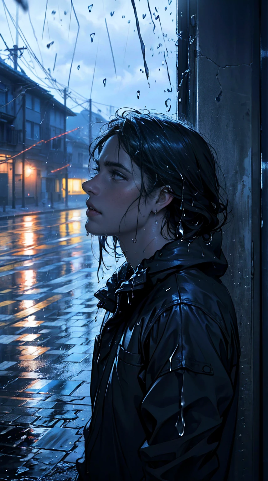 ( best quality,4k,8k,highres,masterpiece:1.2),ultra-detailed,(realistic,photorealistic,photo-realistic:1.37),rainy scene,stressed,outdoor,gloomy atmosphere,realistic droplets on the face,drenched clothes,dark colors,despair,desolation,loneliness,lost in thoughts,emotional,wet street,running mascara on his face,tears streaming down his cheeks,water dripping from his hair,hunched shoulders,visible sadness,pouring rain,thunderstorm,tempestuous weather,misery,deep sorrow,heartache,negative emotions,despairing expression,cold and wet,paleness,heavy rain falling,wet pavement,teardrops falling rapidly,solitude,devastation.