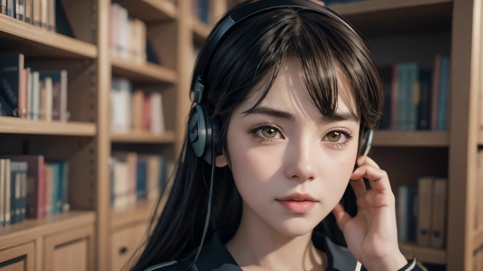 anime girl with headphones reading a book in a library, kawaii realistic portrait, non-style artwork by guweiz, detailed anime digital art, Anime digital illustration, , anime styling. 8k, cute portrait, anime portrait , detailed portrait of anime girl, portrait of a beautiful anime girl, stylized anime, 3d rendering of a cute anime girl