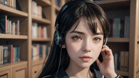 anime girl with headphones reading a book in a library, kawaii realistic portrait, non-style artwork by guweiz, detailed anime d...