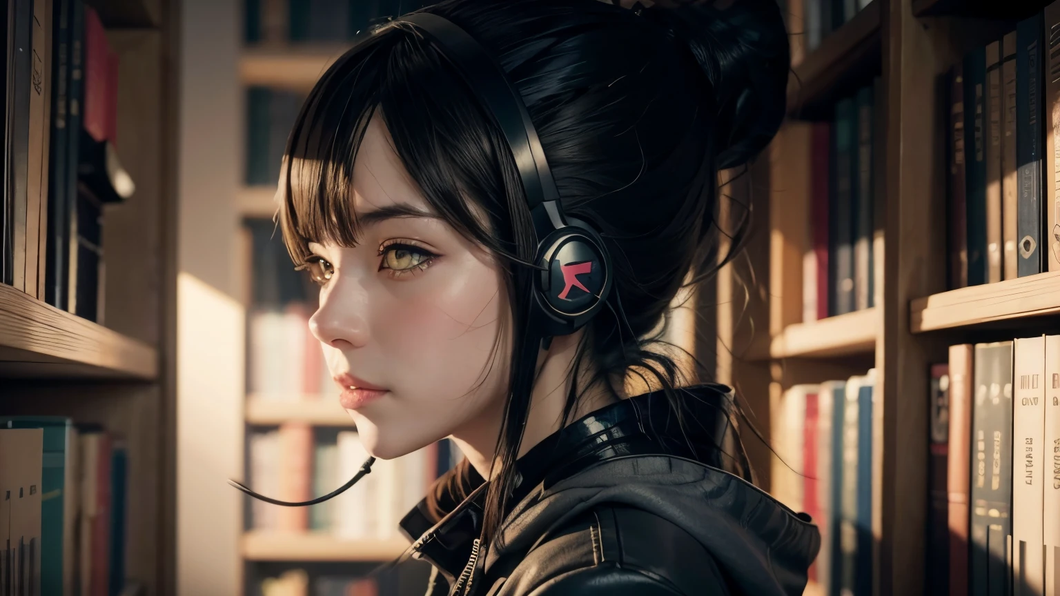 anime girl with headphones reading a book in a library, kawaii realistic portrait, non-style artwork by guweiz, detailed anime digital art, Anime digital illustration, , anime styling. 8k, cute portrait, anime portrait , detailed portrait of anime girl, portrait of a beautiful anime girl, stylized anime, 3d rendering of a cute anime girl