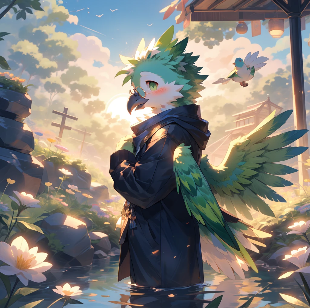 Summer, sunlight, sun, day(forest) forest, grass, rock, trees, river, flowers, fruits, blue sky, clouds, full_body, Kemono, (white and green feathers, wings), ((bird)) (pink tight anus , anus show , pink small penis, pink nipples ), anatomically correct , male, furry, (fluffy | soft body), (naked), blushing, Innocent , soft pawpads, 3_toes (standing_shyly), bright | green pupils, blush | detailed face, facing_viewer, (high_quality, best_quality:1.2), (detailed_background:1.3), (detailed_fur:1.3), (Highly_detailed:1.2),(absurd_res:1.1) uploaded_on_e621, ambient_sun_light, reality_ray_tracing, solo, (full body shot, Side shot) anatomically correct, innocent look,shy, wearing round eye glasses, soft body, cute, ass show, (slim sexy body male), MALE