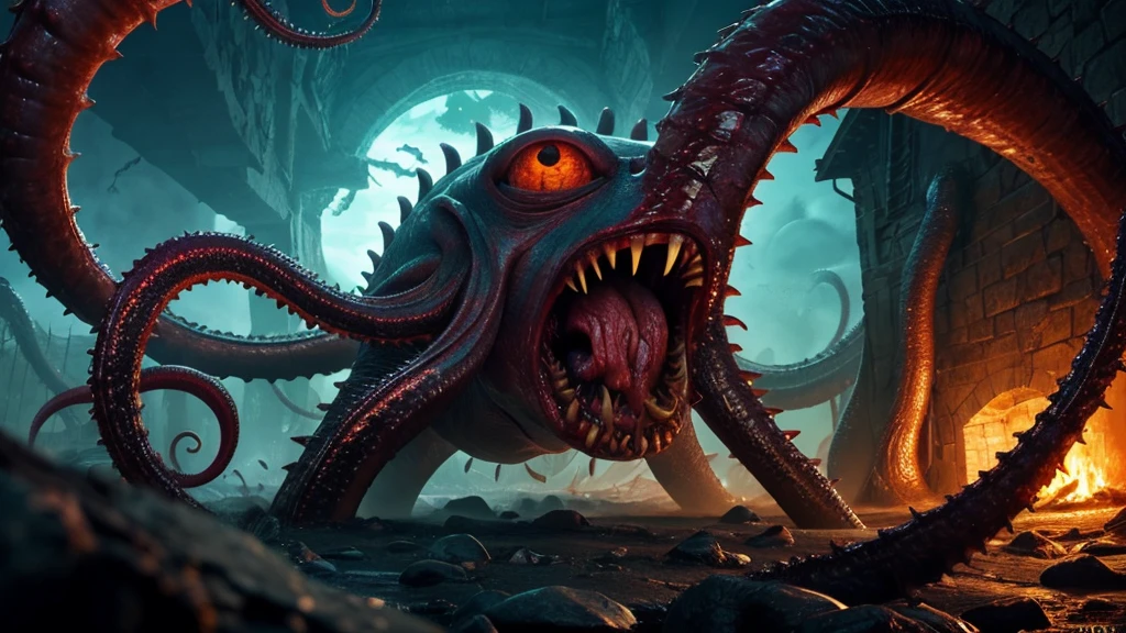 Eldritch horror landscape with writhing flesh, all seeing eyes, toothy maws, lashing tentacles