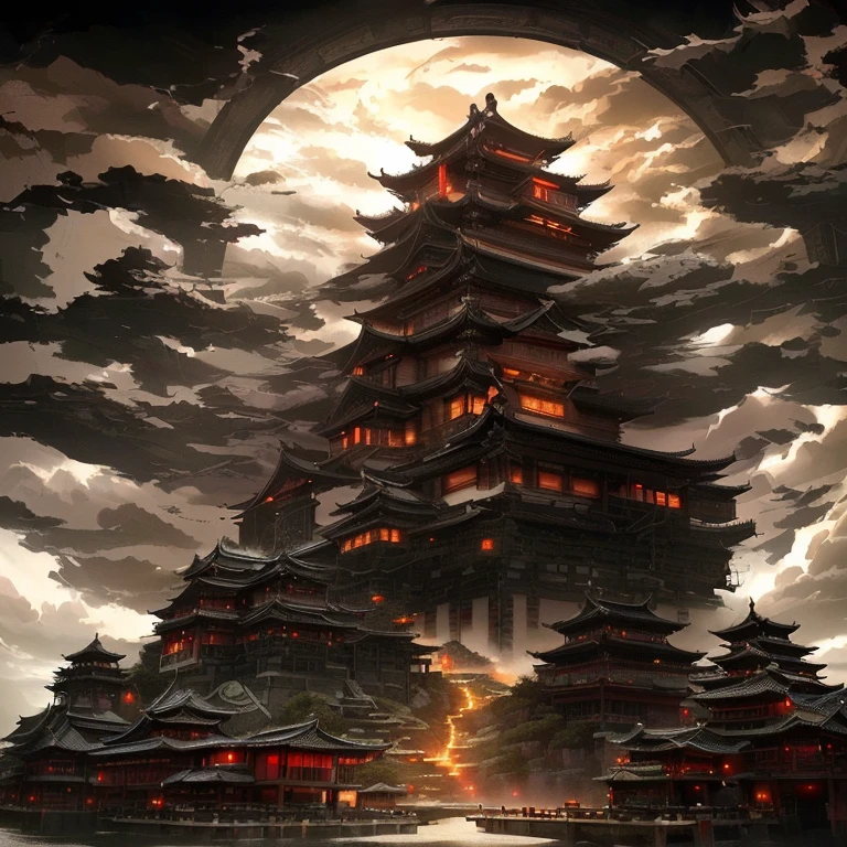 An image of a pagoda standing in the middle of a lake, Cyberpunk Chinese Ancient Castle, Anime Epic Artwork, Andreas Rocha Style, Cloud Palace, Digital Painting of a Pagoda, 2. 5 d cgi Anime fantasy artwork, Highly detailed digital art in 4K, Flying Cloud Castle, Epic fantasy digital art style, Japanese Fantasy, Jan J, Anime fantasy artwork