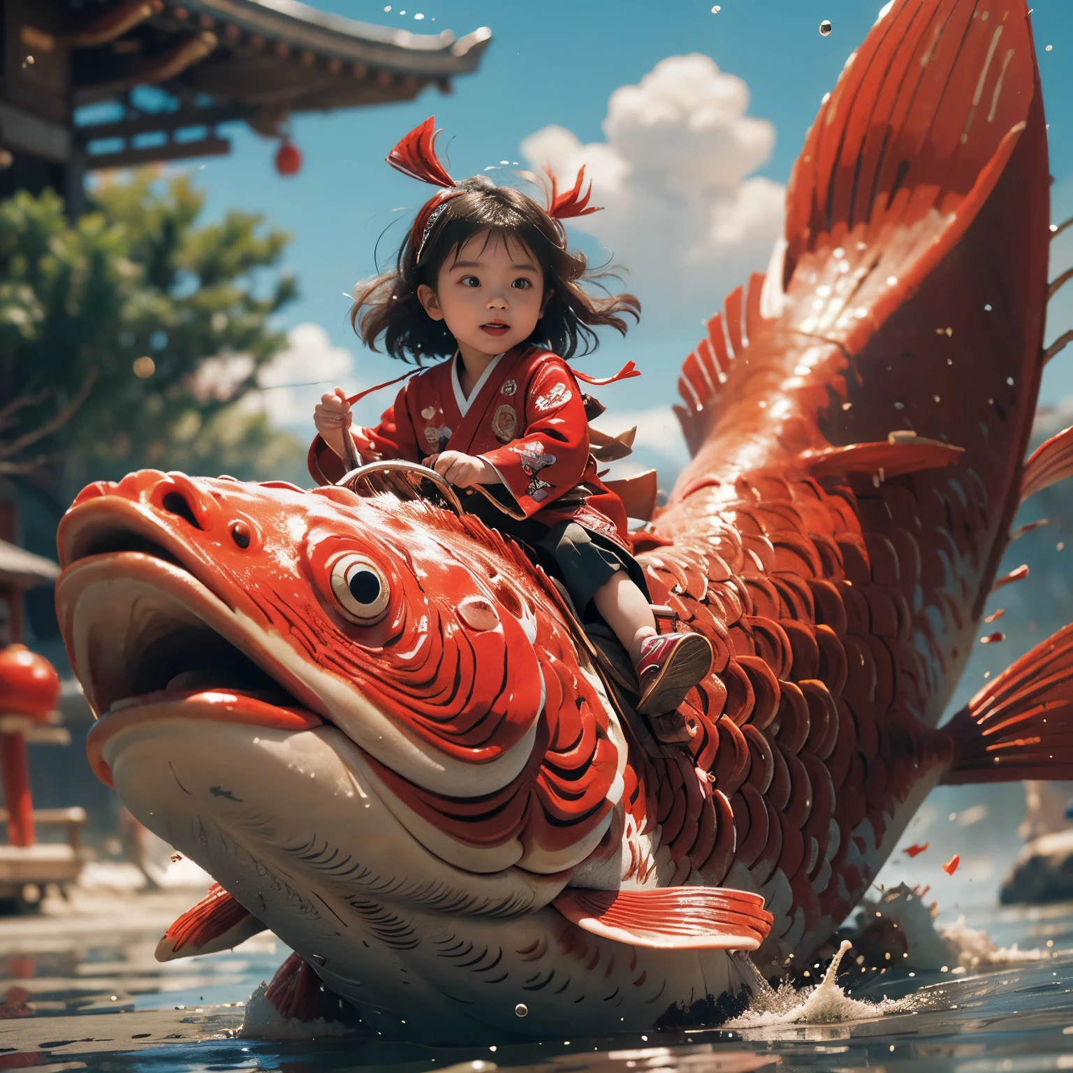 (((鯉の滝のぼり))),1girl,red fish,kid,Japanese clothing,masterpiece,best quality,ultra-detailed,riding,