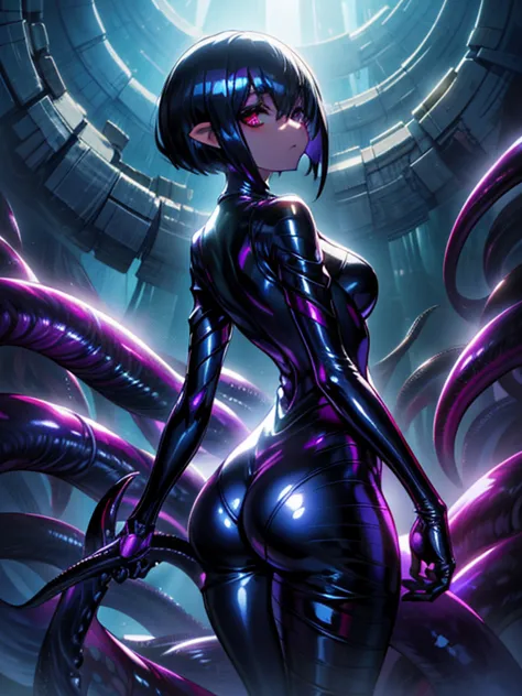 wearing a shiny rubber suit. she's a dark fantasy. she has short hair. latex. shining eyes. tentacles extending from behind her....