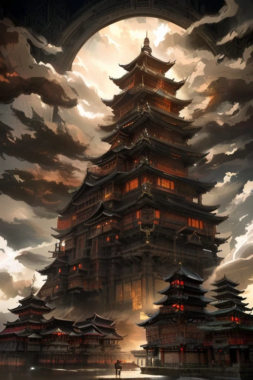 An image of a pagoda standing in the middle of a lake, Cyberpunk Chinese Ancient Castle, Anime Epic Artwork, Andreas Rocha Style, Cloud Palace, Digital Painting of a Pagoda, 2. 5 d cgi Anime fantasy artwork, Highly detailed digital art in 4K, Flying Cloud Castle, Epic fantasy digital art style, Japanese Fantasy, Jan J, Anime fantasy artwork