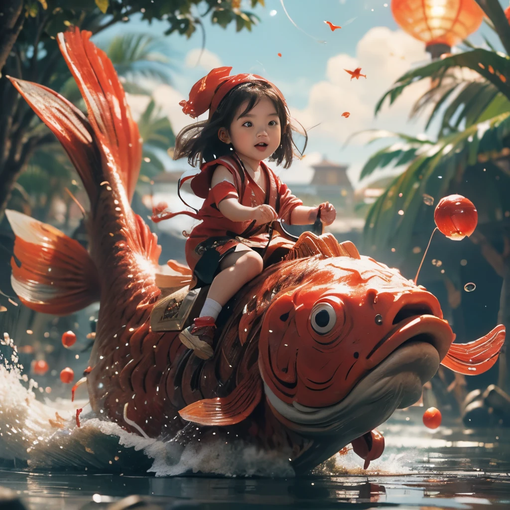 (((鯉の滝のぼり))),(1girl Riding on a red fish), KAWAII kid with Japanese clothing,masterpiece,best quality,ultra-detailed,riding climbing,(Big Waterfall), Sparkling Water Particles, (Luminism:1.28)