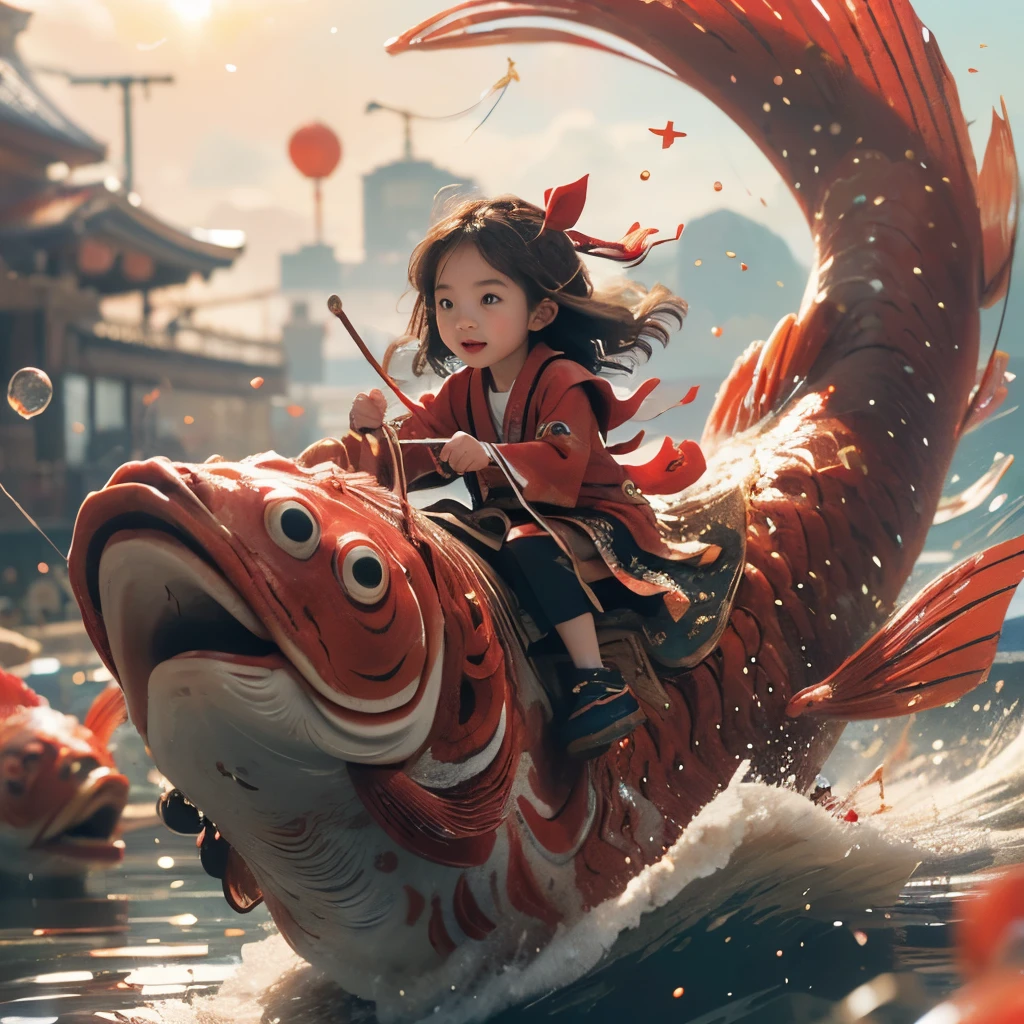 (((鯉の滝のぼり))),(1girl Riding on a red fish), KAWAII kid with Japanese clothing,masterpiece,best quality,ultra-detailed,riding climbing,(Big Waterfall), Sparkling Water Particles, (Luminism:1.28)