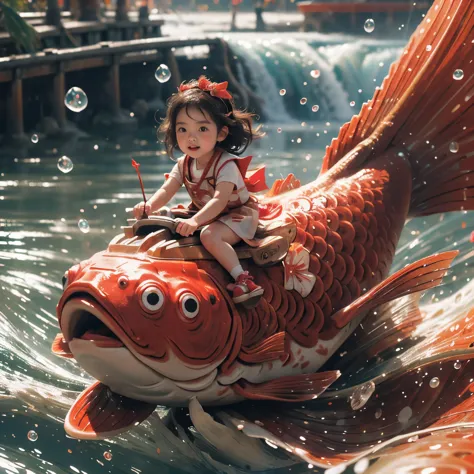 (extremelydetailed(kawaii girl riding on a red fish)), kawaii kid with japanese clothing, detailed kawaii face, 8k topquality ul...