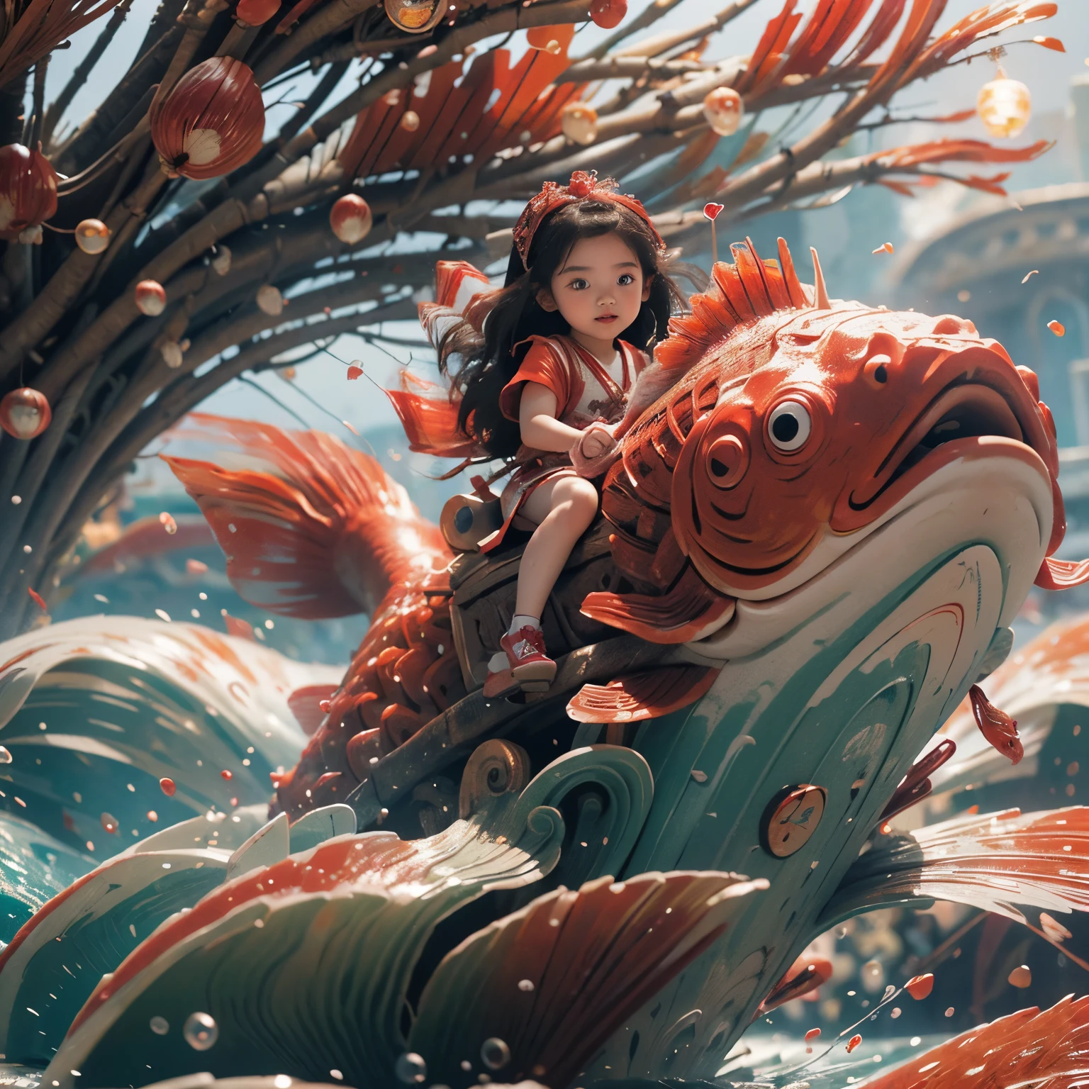  (ExtremelyDetailed(KAWAII GIRL Riding on a red fish)Only One Pair of Eyes), KAWAII kid with Japanese clothing, Detailed KAWAII face, 8K TopQuality Ultra-detailed Masterpiece(ProfessionalPhoto:1.37),(riding(climbing(Big Waterfalls))), Sparkling Water Particles, (Luminism:1.28)