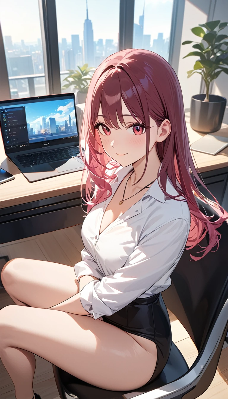 (masterpiece:1.2), game CG, highest resolution, official illustration, three-dimensional coloring, detailed coloring, (detailed description:1.3), (artistic beauty:1.3), (1girl:1.2), (solo:1.2), (cute:1.2), young girl,

pink long hair with slightly curled ends, red eyes, youthful round face with small nose, larger eyes, soft cheeks, slender body, large chest, dark grey tailored fit pantsuit, white blouse, simple necklace, black high heels, modern office with glass walls, desk with computer, potted plants, sitting on the edge of the desk with arms crossed and smiling, natural light coming from the window, bright and professional color scheme, realistic style, laptop and coffee cup on the desk, taking a break from work, relaxed atmosphere, professional impression