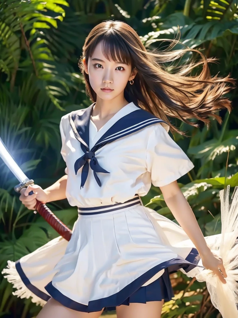 (Ultra HD, Highest quality, High resolution, Hyperrealistic, super beautiful), 24000dpi, (Holding a Japanese sword, Two-Way, Electric shock), Charge Move, Special move stance, All in one, Dance, Beautiful woman, Long Tail, Well-formed eyes, Eyesight max, 18-year-old, Alluring, Completely American, perfect body, Physical Beauty, (Sailor suit, mini skirt),whole body