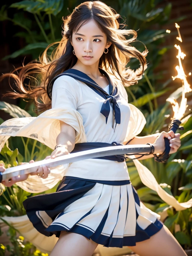 (Ultra HD, Highest quality, High resolution, Hyperrealistic, super beautiful), 24000dpi, (Holding a Japanese sword, Two-Way, Electric shock), Charge Move, Special move stance, All in one, Dance, Beautiful woman, Long Tail, Well-formed eyes, Eyesight max, 18-year-old, Alluring, Completely American, perfect body, Physical Beauty, (Sailor suit, mini skirt),whole body