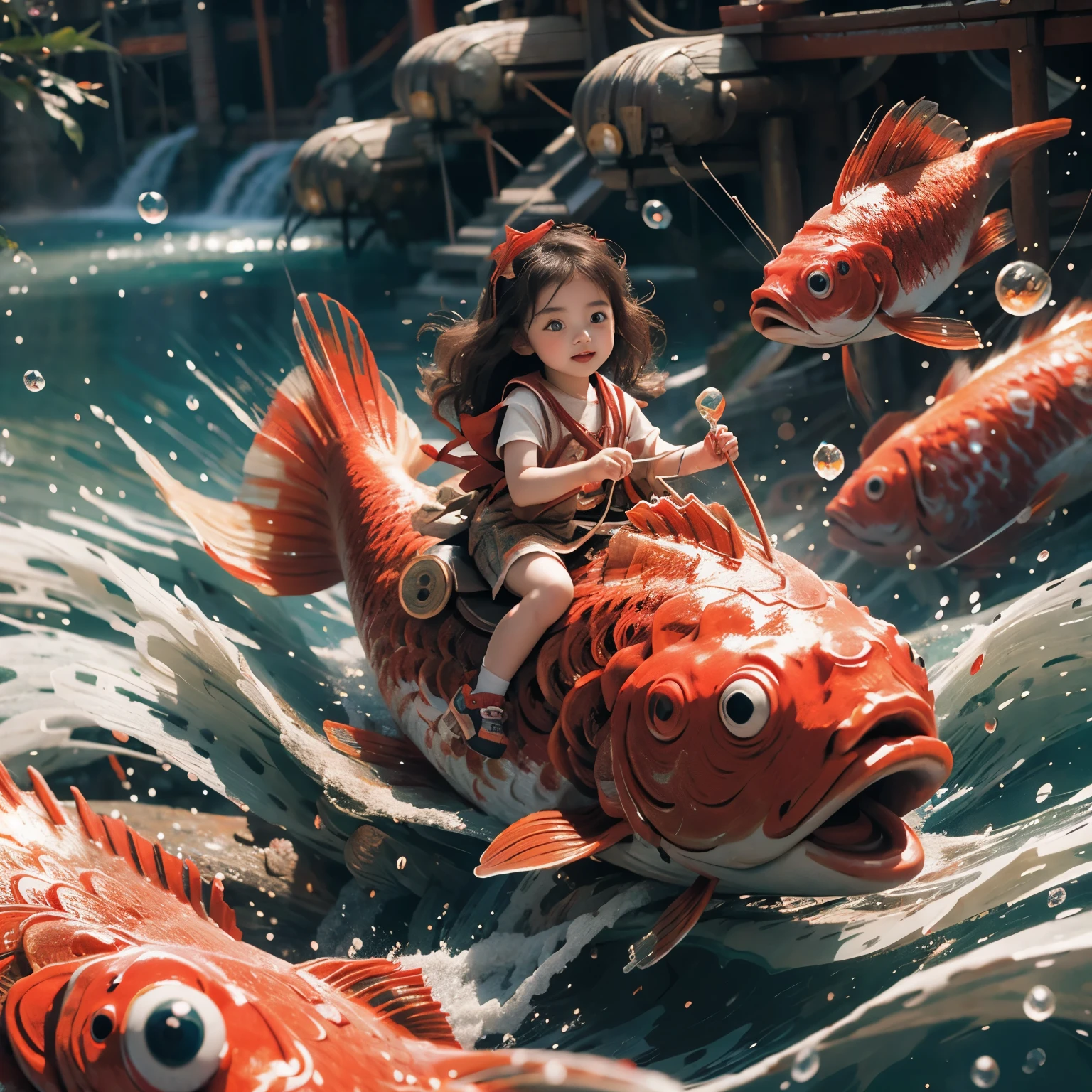  (ExtremelyDetailed(KAWAII GIRL Riding on a red fish)the Fish with Only One Pair of Eyes), KAWAII kid with Japanese clothing, Detailed KAWAII face, 8K TopQuality Ultra-detailed Masterpiece(ProfessionalPhoto:1.37),(riding(climbing(Big Waterfalls))), Sparkling Water Particles, (Luminism:1.28), (Multiple Fish:-1.4)