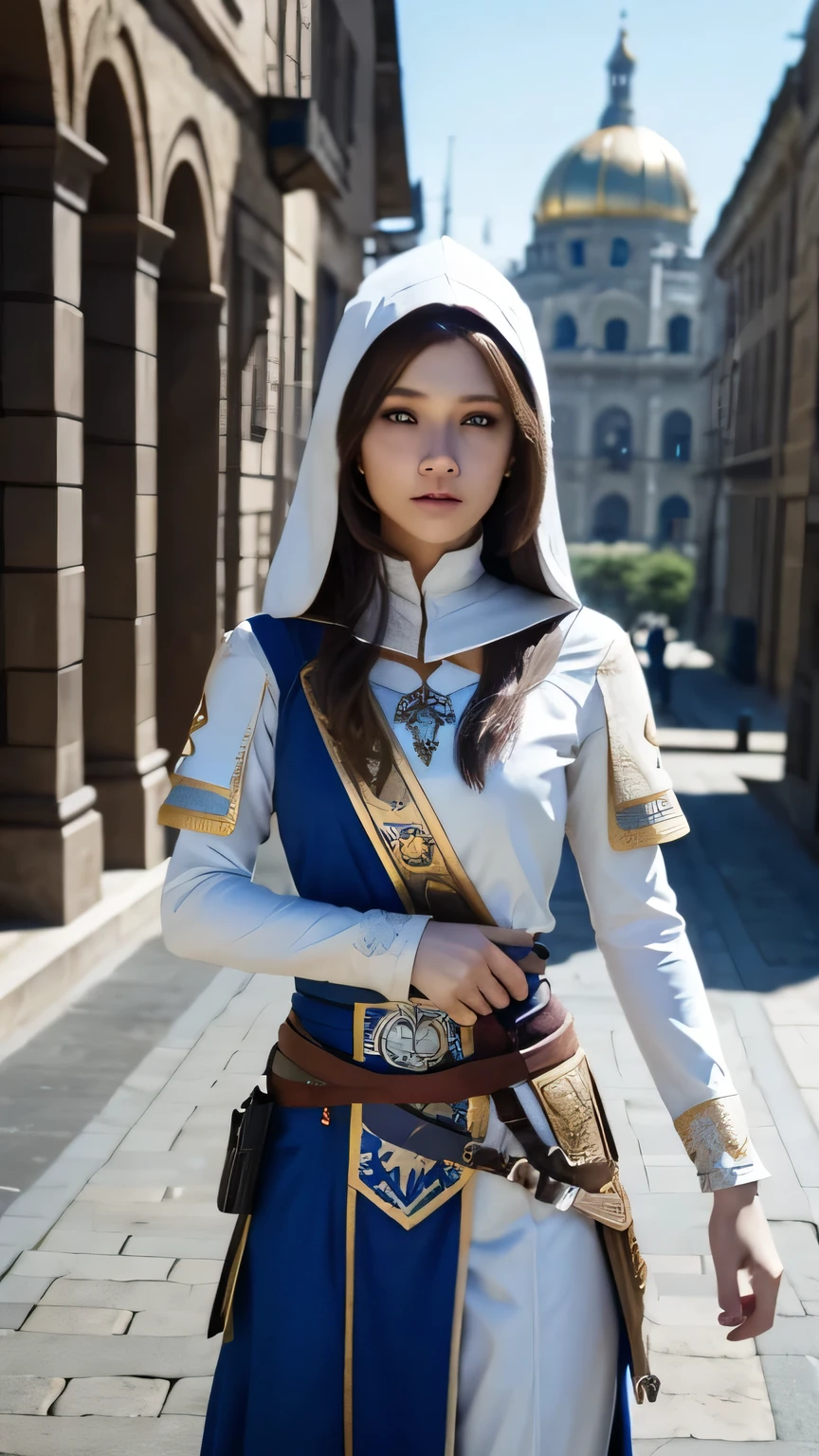 A full-body shot of Princess Zelda, brown hair, blue eyes, dressed as an Assassin from Assassins Creed, in white+gold witha white mask and hood with gold details, XL bust, using a wrist blade. Background: A city during the renaissance period. Unreal Engine 5, Anime, Anime style, Masterpiece, Well drawn eyes, well drawn face, well detailed eyes, well detailed face, 8k, light and shadow effect.  