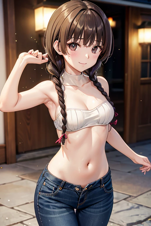 Yuno Shimazu、Shiny brown hair,Long Hair,  、((Two braids of equal length:1.5、Hair that falls over the shoulders)),Beautiful brown eyes、Sparkling eyes, Fine grain、smile、Super detailedな目、Highly detailed face, Highly detailed eyes,Cowboy Shot、


((masterpiece, Highest quality, High resolution, 超High resolution, Pixel perfect, Depth of written boundary, 4K, RTTX 10.0, High resolution))),
1 person, Absurd,、Sleeveless black turtleneck ribbed crop knit,Denim pants、 Belly button、Sharp focus, Depth of written boundary, Perfect body, Perfect Anatomy, Sharpness, Absurd, employment, Super detailed, Sharp focus,  Depth of written boundary, Perfect body, Perfect Anatomy, Shibuya Street, Dancing, Motion Blur, Looking at the audience,