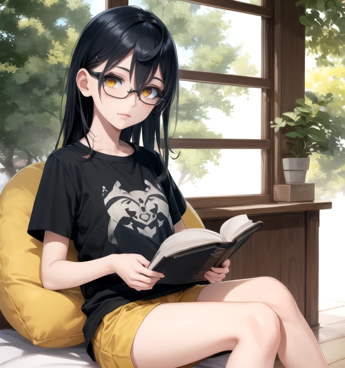 (masterpiece:1.2, best quality:1.1, highres,absurdres, high quality),(photorealistic:1.1),reflected light, colorful,ultra-detailed, ultra hd, super detailed,
nagatoro hayase,yellow eyes, long hair,black hair, dark-skinned ,hairpin,dark skin, tan, glasses,   dolphin shorts, t-shirt, ,holding book,sitting on bean bag chair, reading,  
 