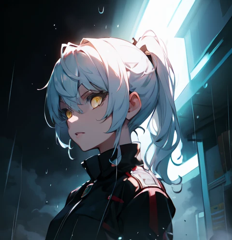 White blue hair, pony tail, yellow eyes, cool face, jacket, rain background