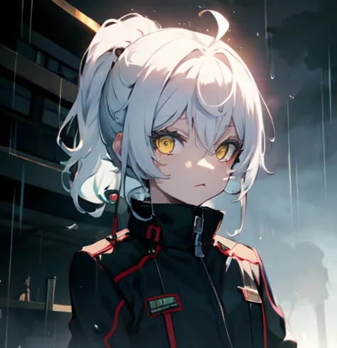 white blue hair, pony tail, yellow eyes, cool face, jacket, rain background