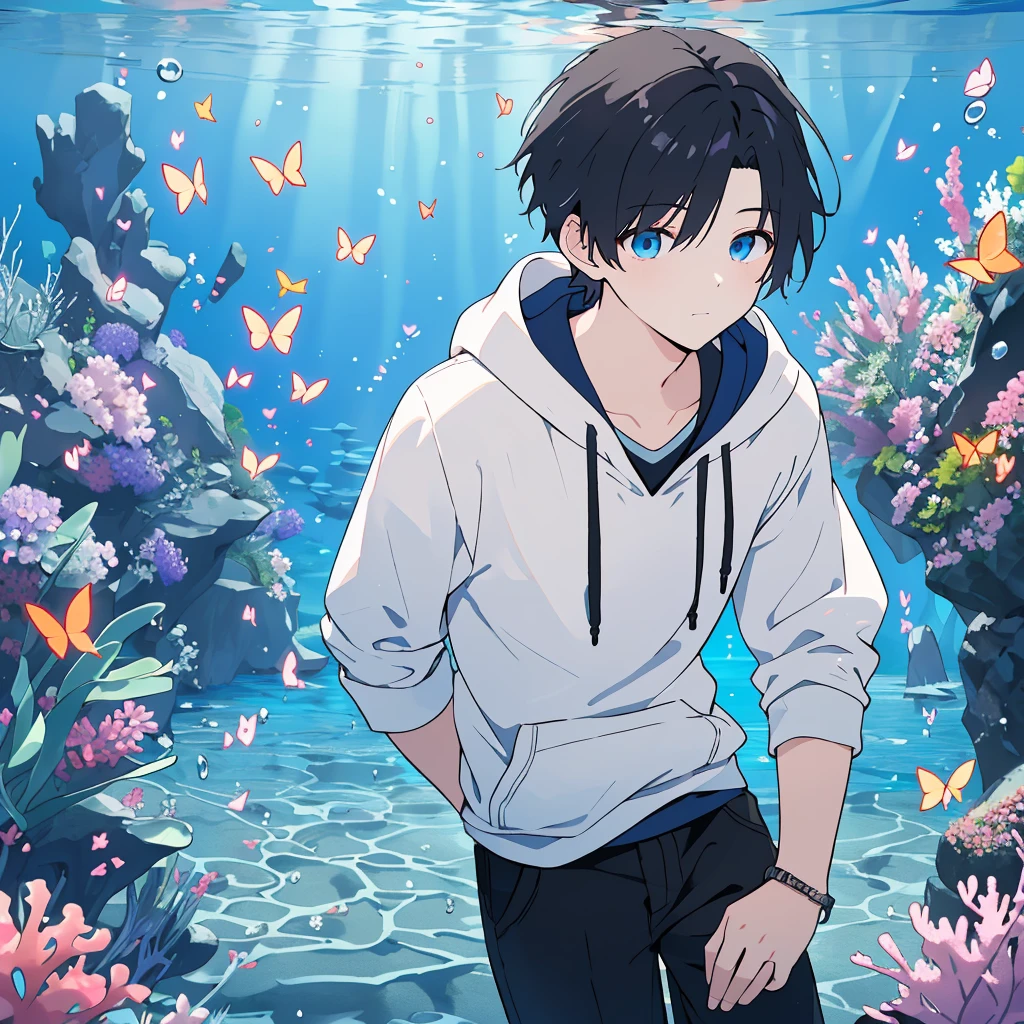 with short black hair tied in a ponytail, and deep blue eyes, With a sleepy look, A handsome young man wearing a hoodie and pants, Swimming underwater, Flowers and butterflies in the water, (Highest quality,4K,8k,High resolution,masterpiece:1.2),Very detailed