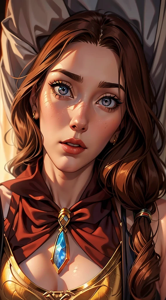 best quality, Artwork, (realisitic: 1.2), 1 girl, Slender girl, russet hair, eyes browns, 正面, face detailed, gorgeous eyes, eyes browns, eyes large, breasts small, necklase, long cloak