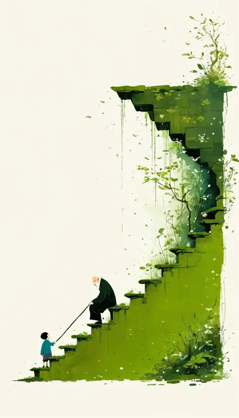 中国水墨画sketch：light ink，lowercase，sketch，artistic conception，old man on mossy steps，child under the stairs。minimalism，(((negative ...