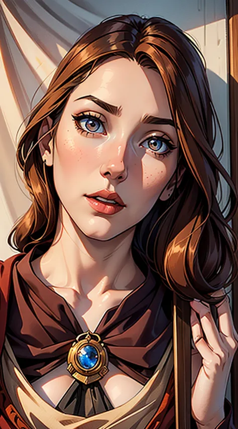 best quality, artwork, (realisitic: 1.2), 1 girl, slender girl, russet hair, eyes browns, 正面, face detailed, gorgeous eyes, eyes...