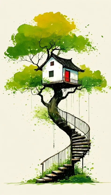 中国水墨画sketch：light ink，lowercase，sketch，artistic conception，the big tree on the stairs，small house，minimalism，(((negative space,b...