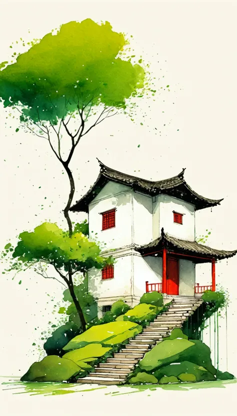 中国水墨画sketch：light ink，lowercase，sketch，artistic conception，the big tree on the stairs，small house，minimalism，(((negative space,b...