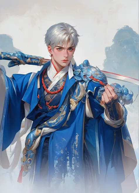 anime character dressed in blue holding a sword and a sword, zhao yun, heise jinyao, inspired by guan daosheng, inspired by bian...