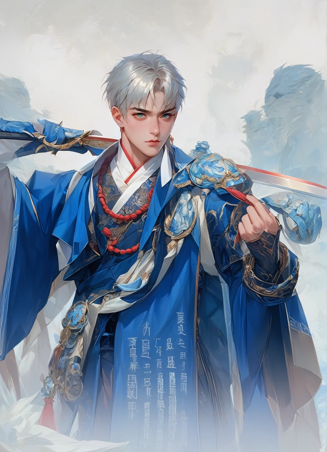 anime character dressed in blue holding a sword and a sword, zhao yun, heise jinyao, inspired by Guan Daosheng, inspired by Bian Shoumin, inspired by Zhao Yuan, cai xukun, inspirado em Hong Ren, inspired by Dong Yuan, g liulian art style, inspired by Zhang Han, chinese fantasy, inspired by Cao Zhibai